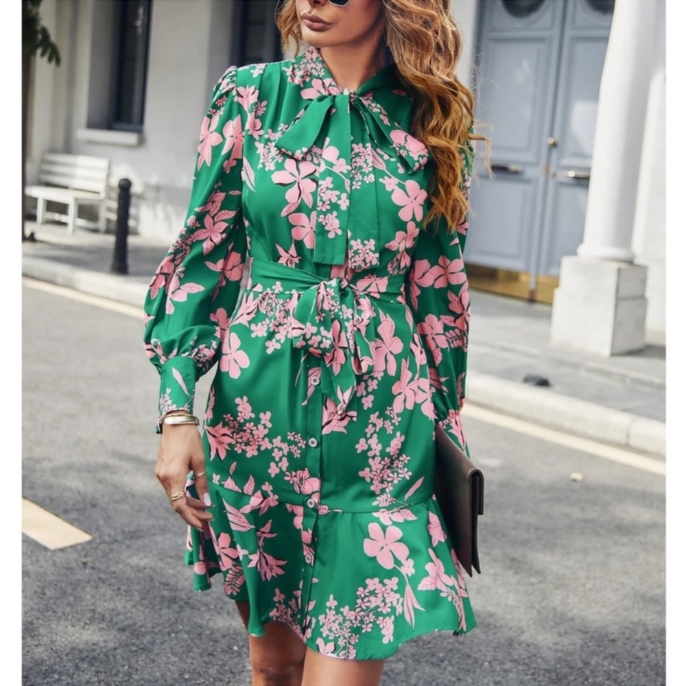 Floral Print Green Pink Mini Dress Long Sleeve Ruffle Tie Neck Belted